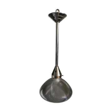 Vintage globe-style holophane on a chrome stem.
