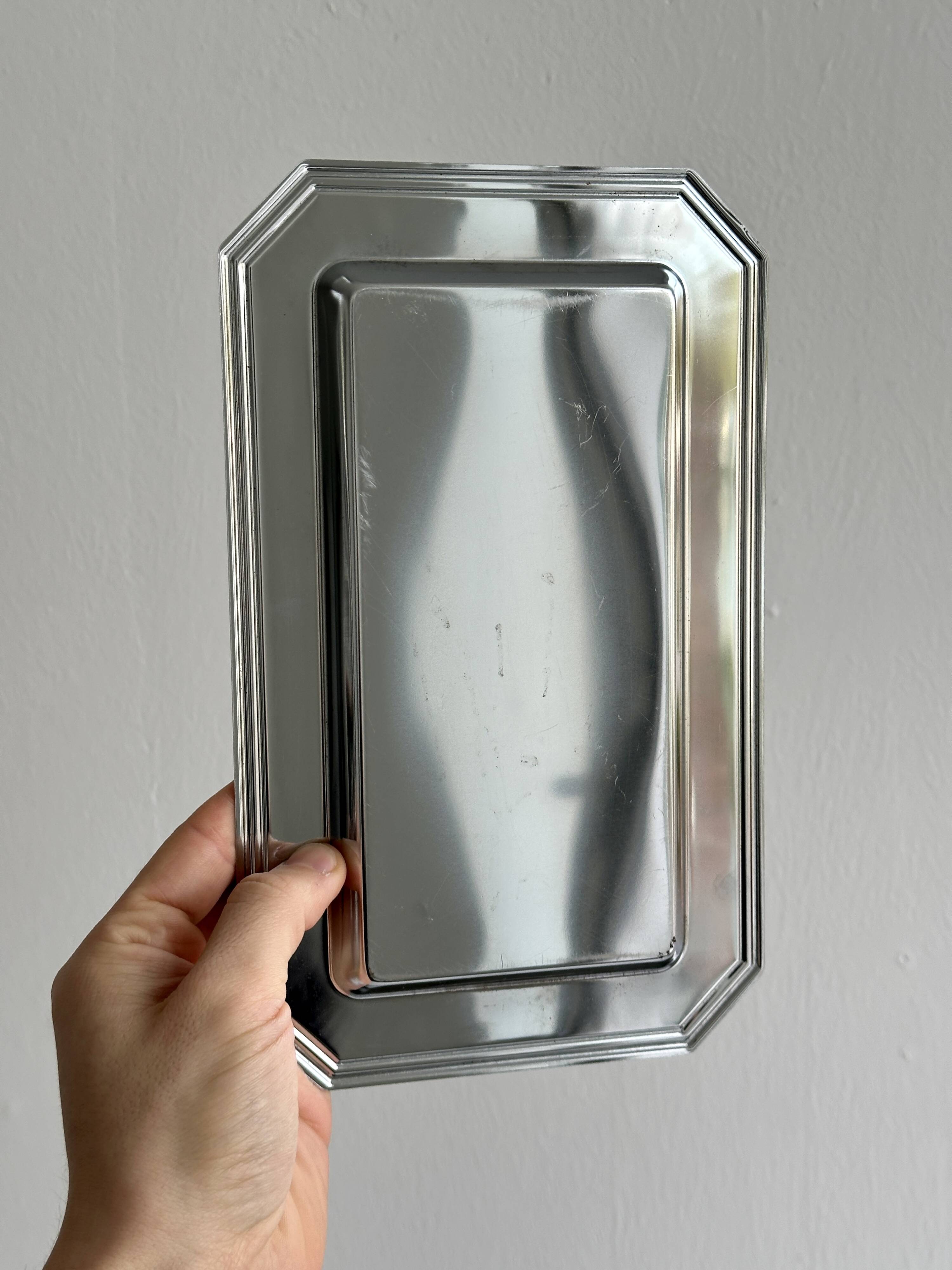 Small rectangular vintage tray made of lightweight metal