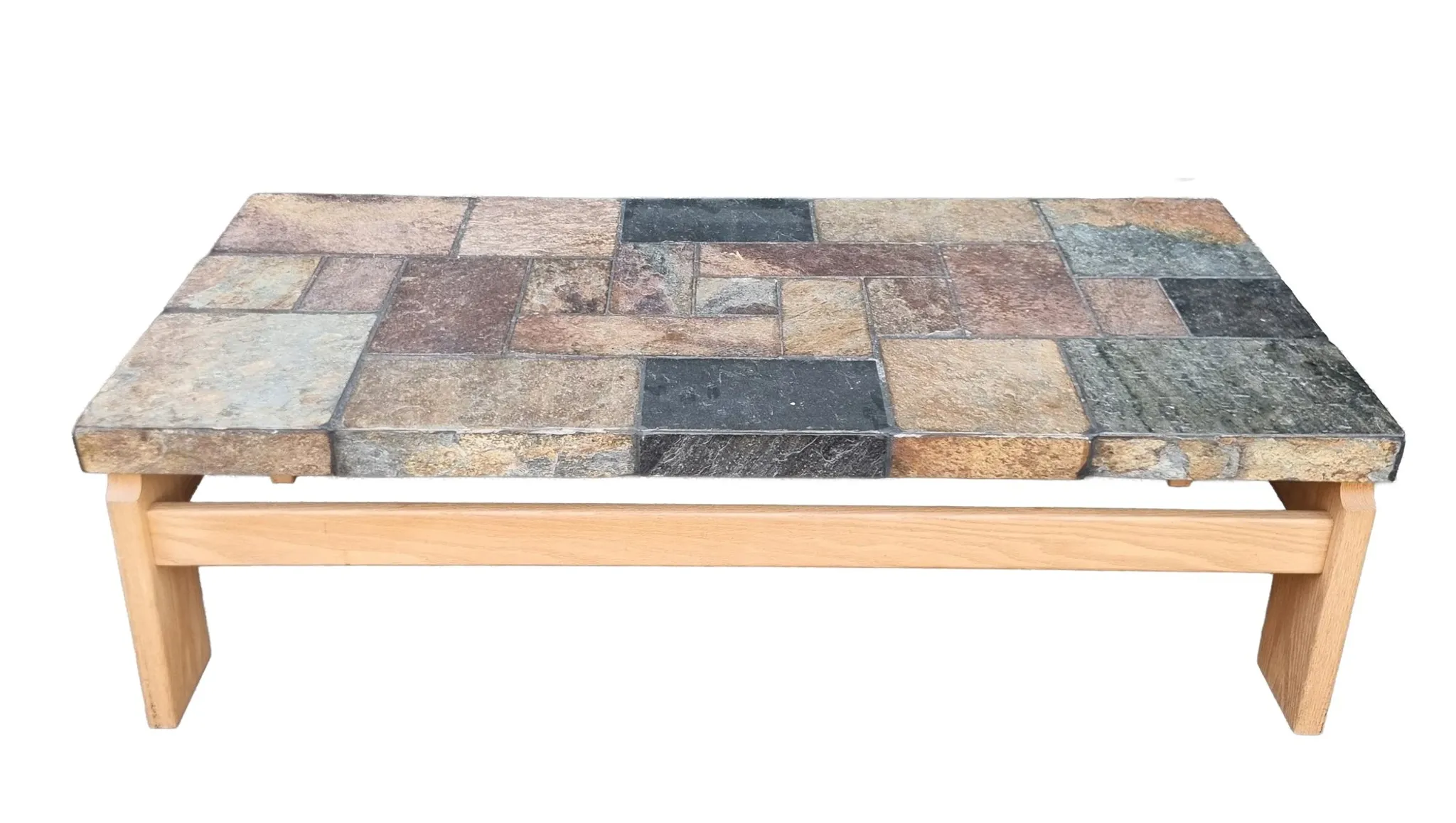 Van Bennekom slate & oak coffee table, Netherlands, 1970s – Kingma style