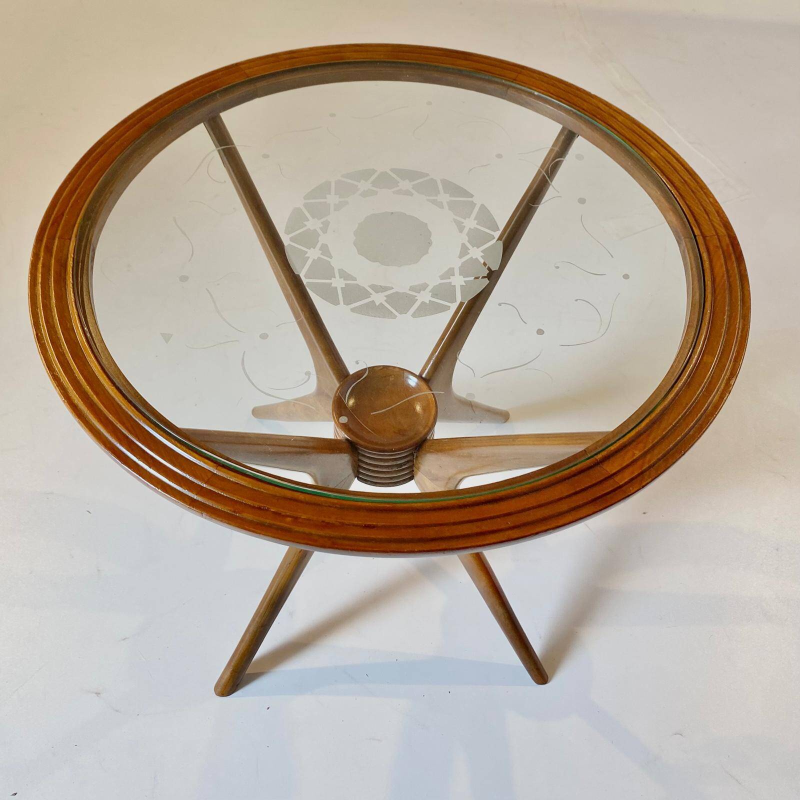 Curved Wood Spider Leg Coffee Table, Wood & Glass, Italy 1950s