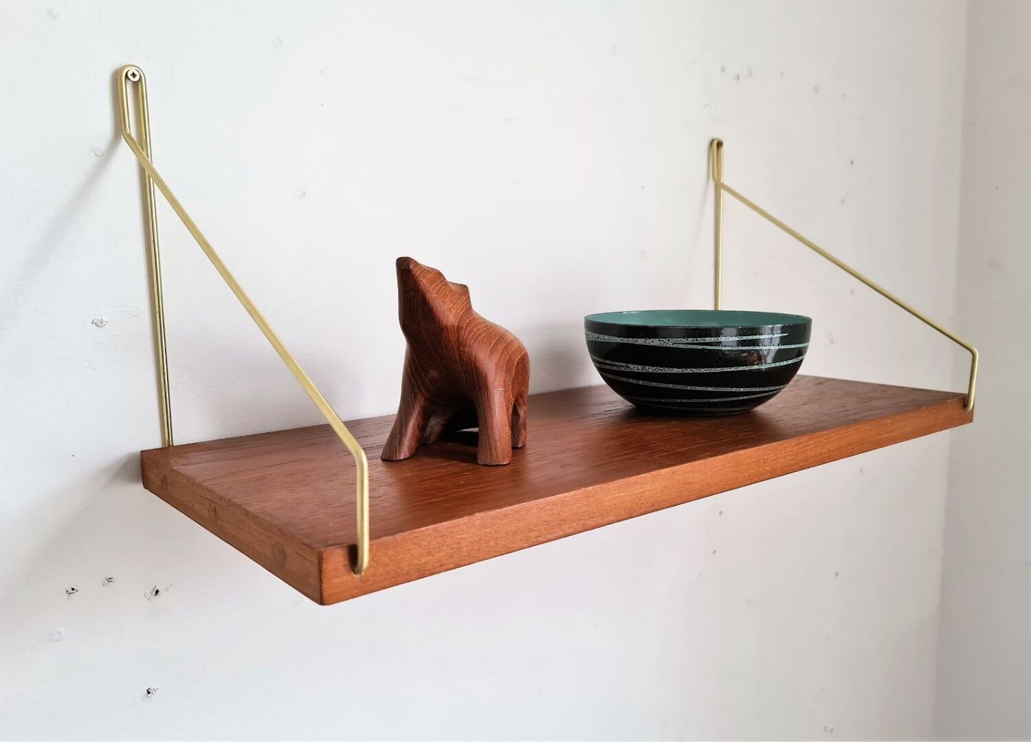 Teak and brass shelf, vintage scandinavian 1960s