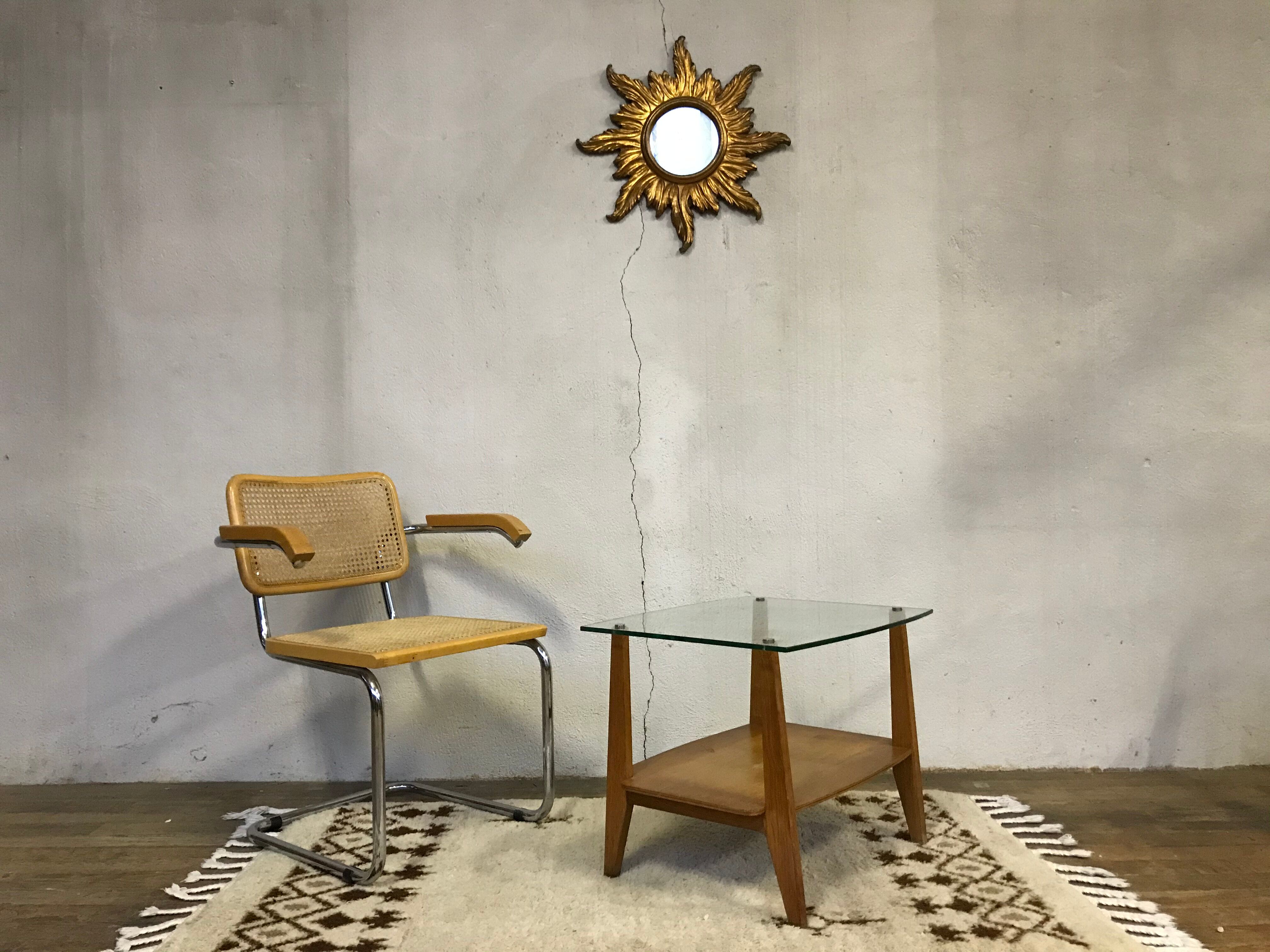 Glass coffee table with oak triangle shape 1950 1960 vintage modernist
