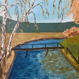 Mid Century Vintage Framed Oil Painting - By the Lake