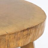 Wood coffee table, brutalist work, trapezoidal tripod base
