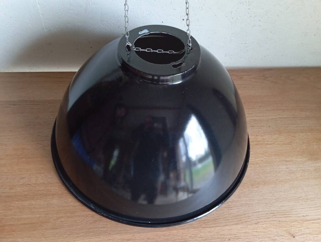 Set of 10 large industrial enamelled metal pendants.