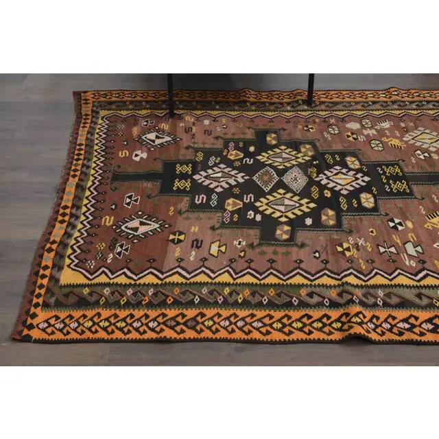 1970s Vintage Turkish Handmade Wool & Cotton Brown Runner Rug 178x475