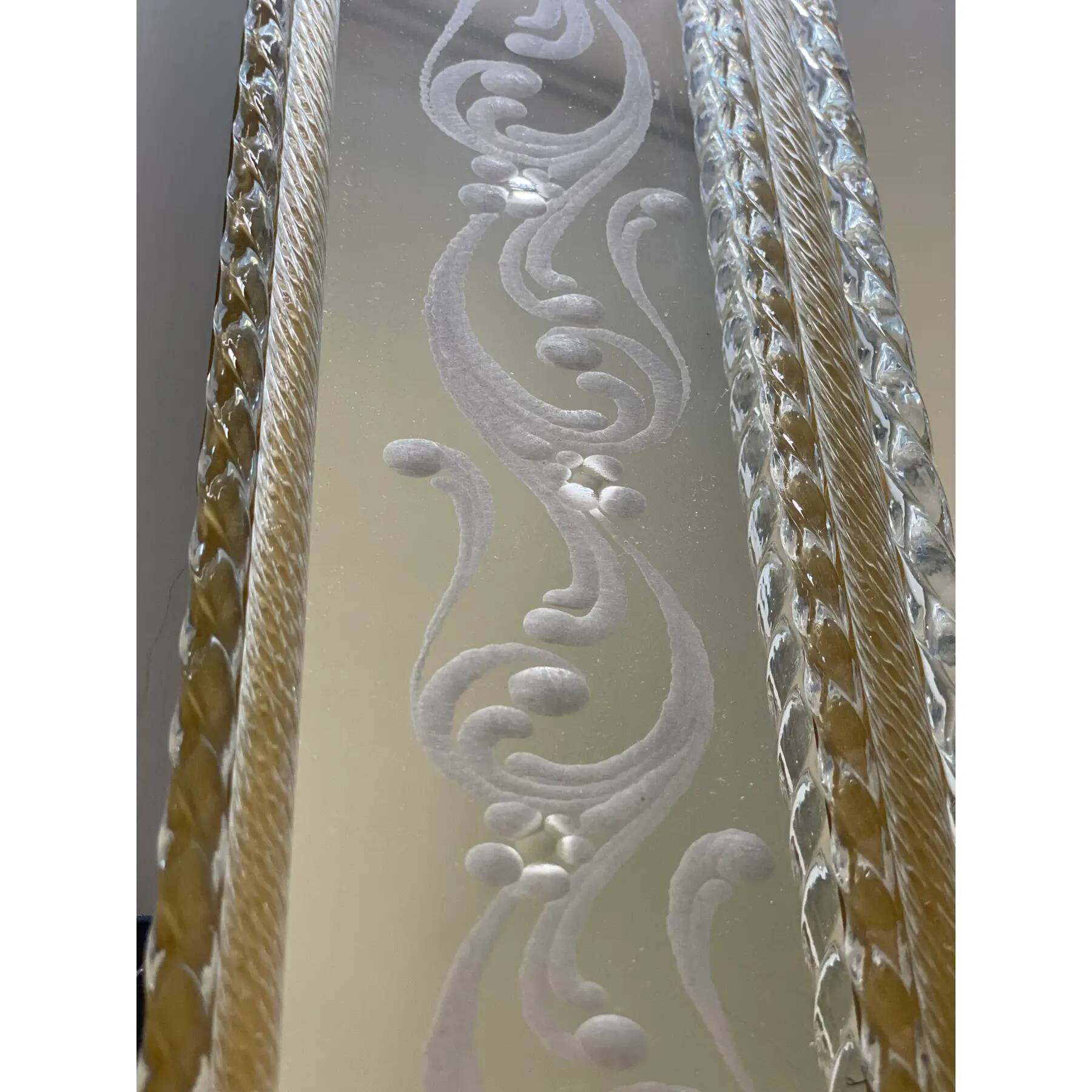 Rectangular Venetian Murano Glass Mirror with Green Floral Hand-Carving