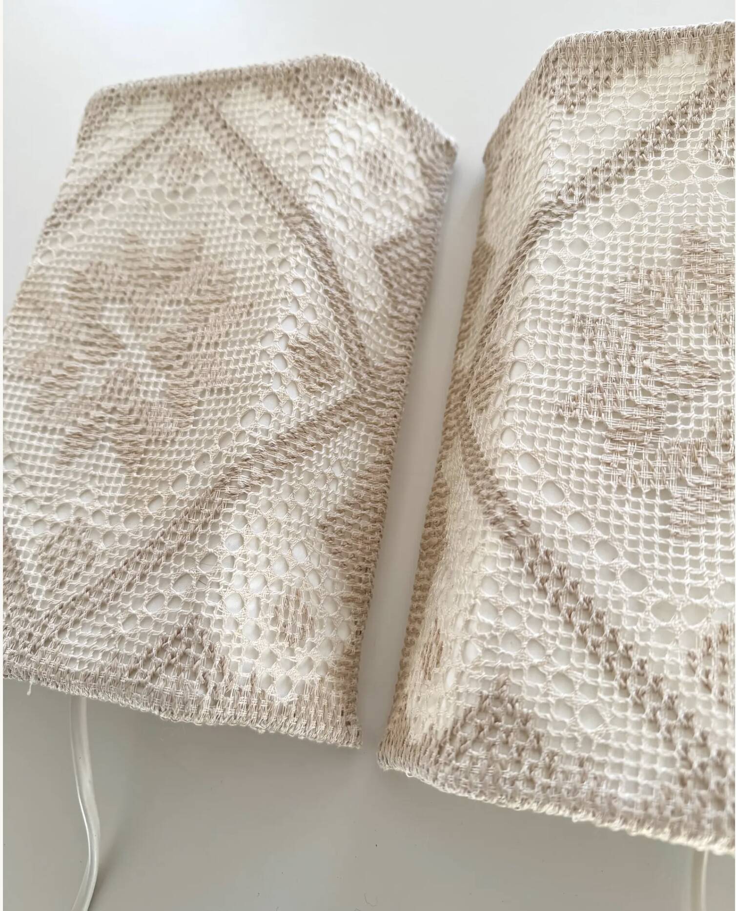 Pair swedish vintage crochete textile wall lamp, "näversom" handmade