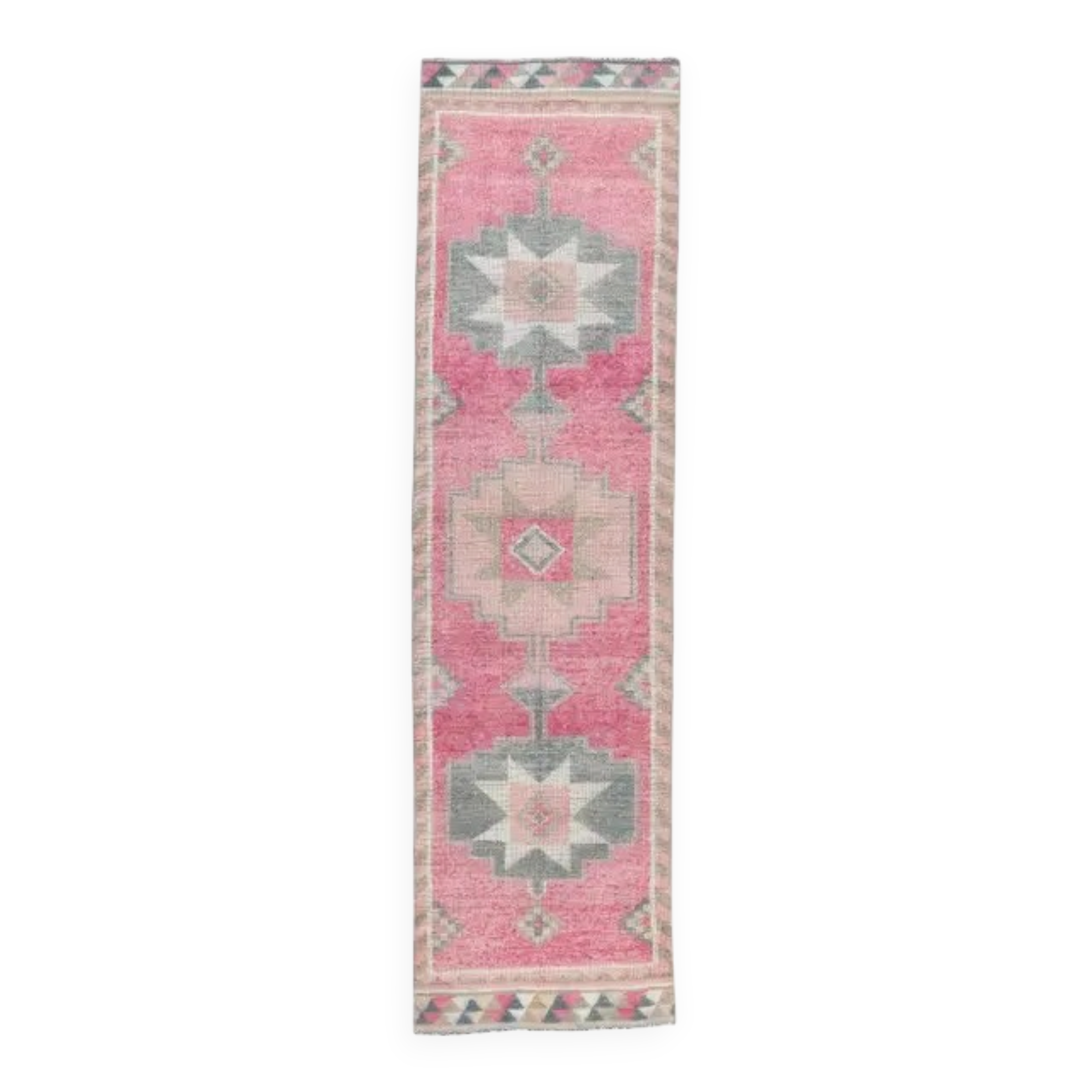 Vintage Pink Geometric Turkish Hand-Knotted Runner 92x342