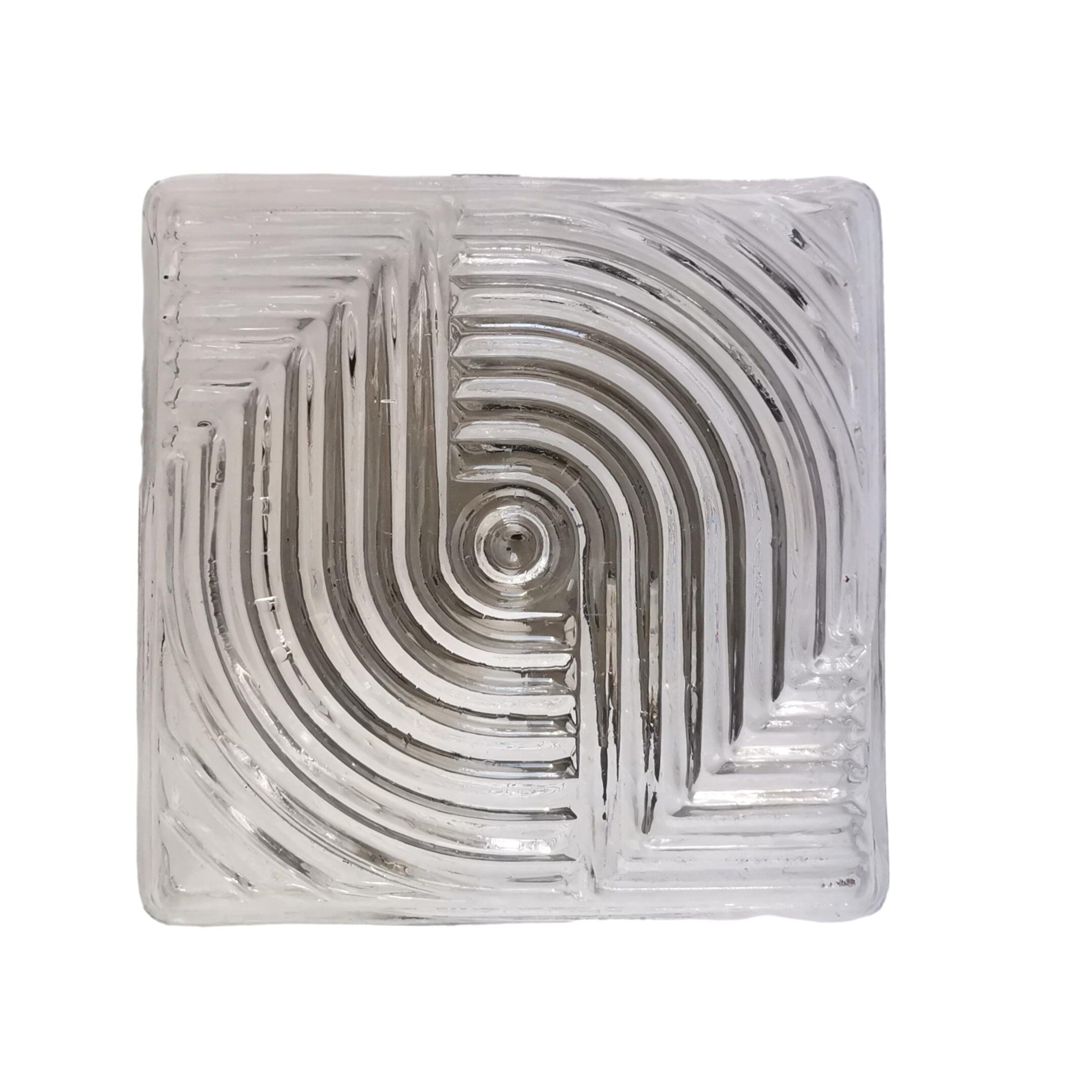 Square mid century clear ribbed glass flush mount light fixture lamp 1960s