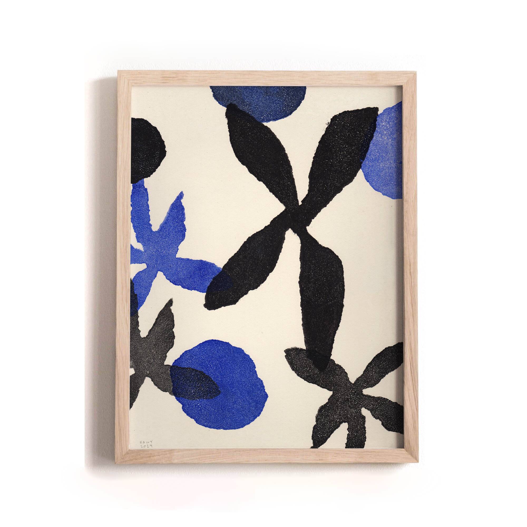 Painting on paper 30x40cm illustration of blue and black flowers signed eawy