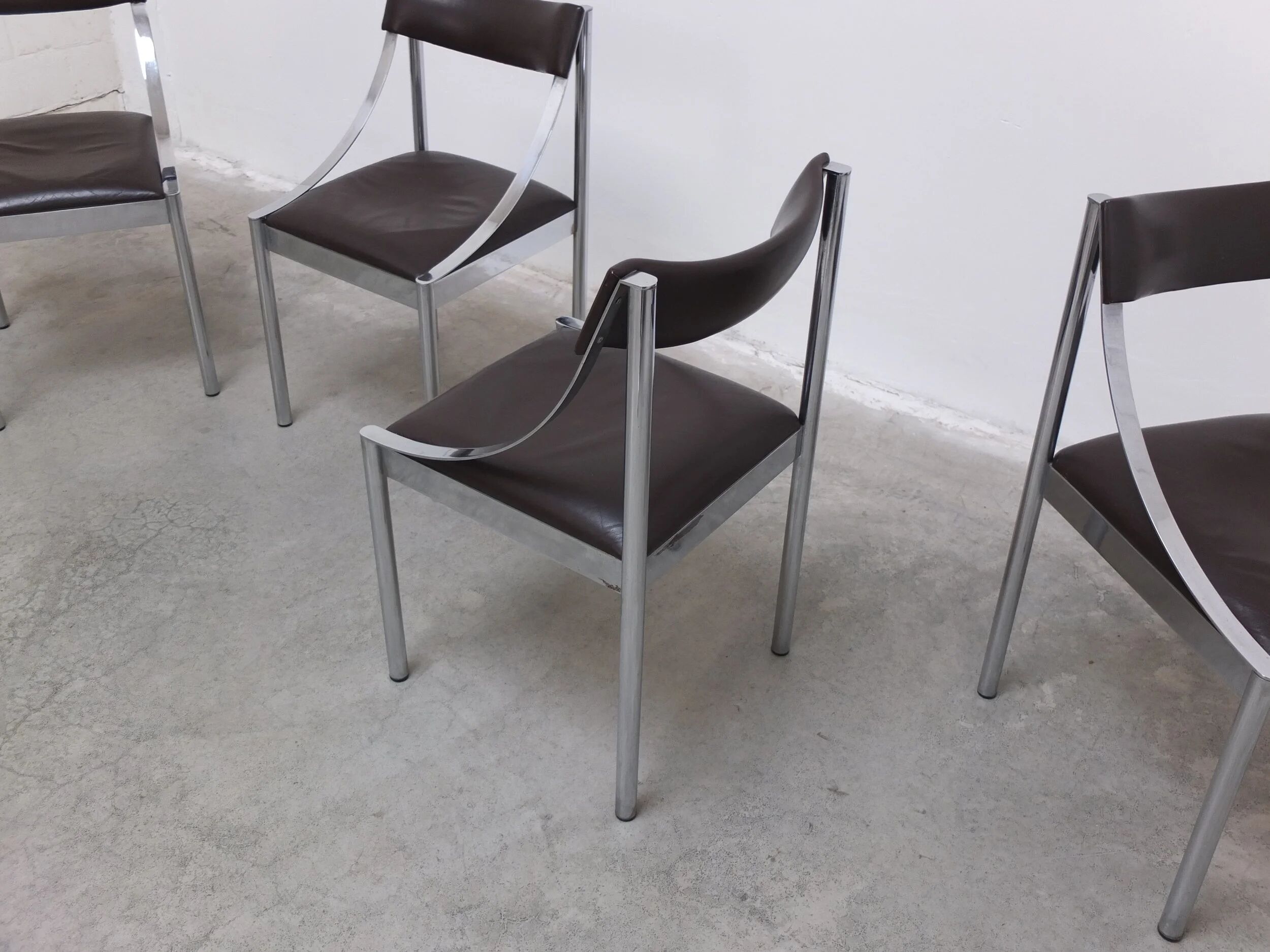 Set of 4 Italian chrome & leather dining chairs, 1970s
