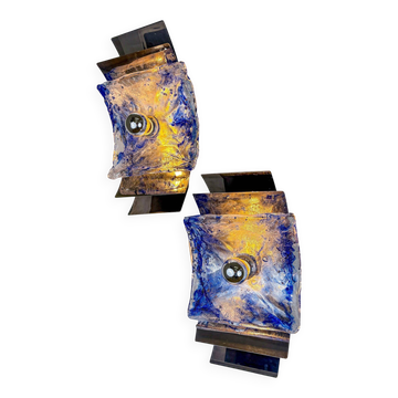 Pair of Murano Mazzega blue & clear glass wall sconces, Italy, 1970s