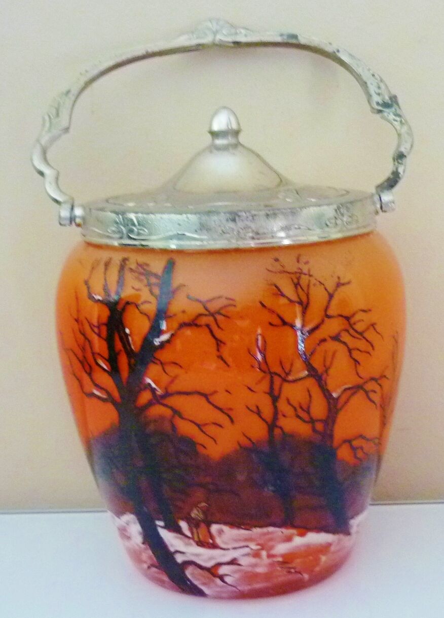 Seau, pot à biscuits ancien, verre soufflé, émaillé, ateliers Legras, art nouveau