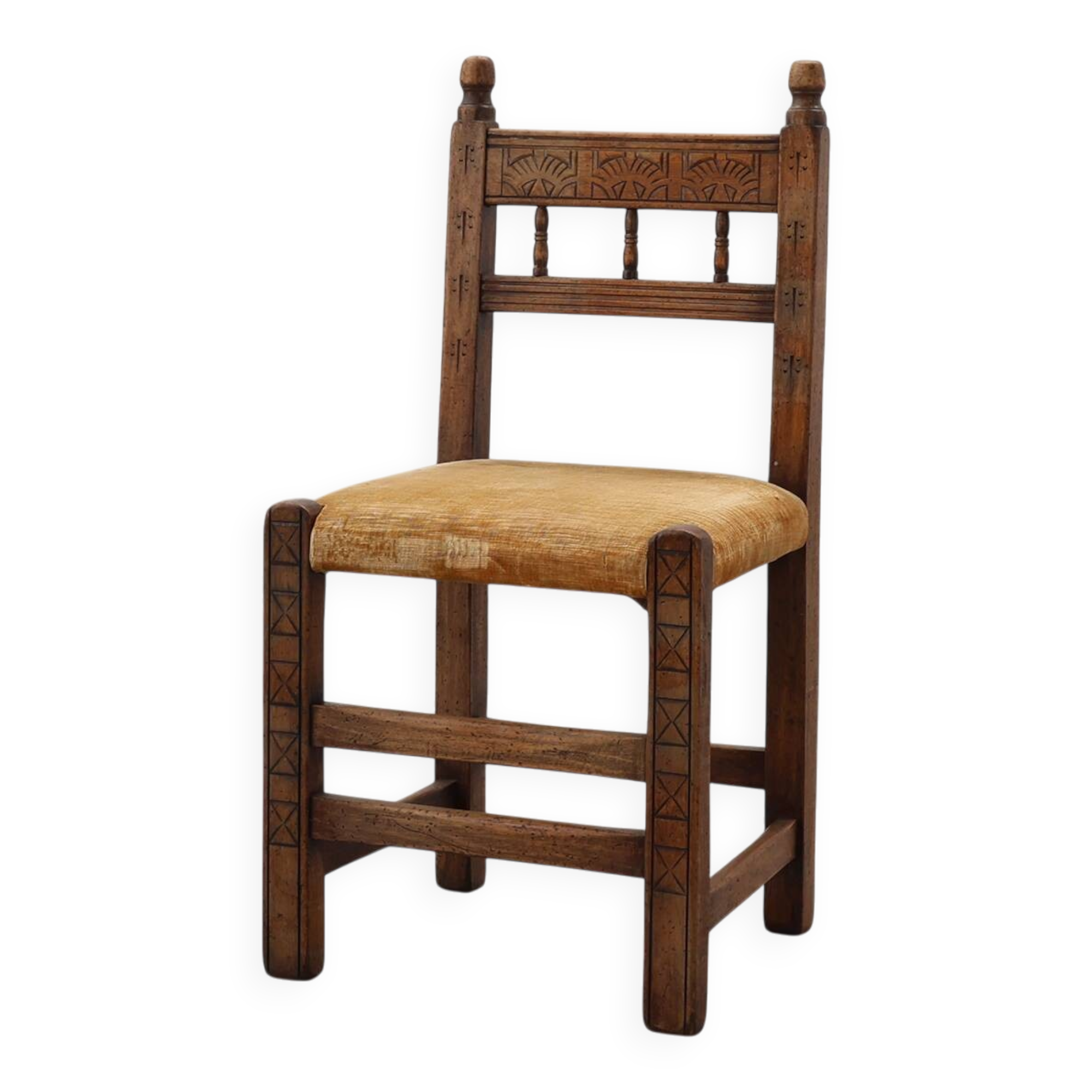 19th Century Spanish Hand-Carved oak Side Chair with Velour Seat