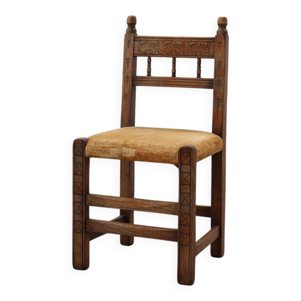 Chaise latérale en chêne sculpté à la main du 19ème siècle avec siège en velours