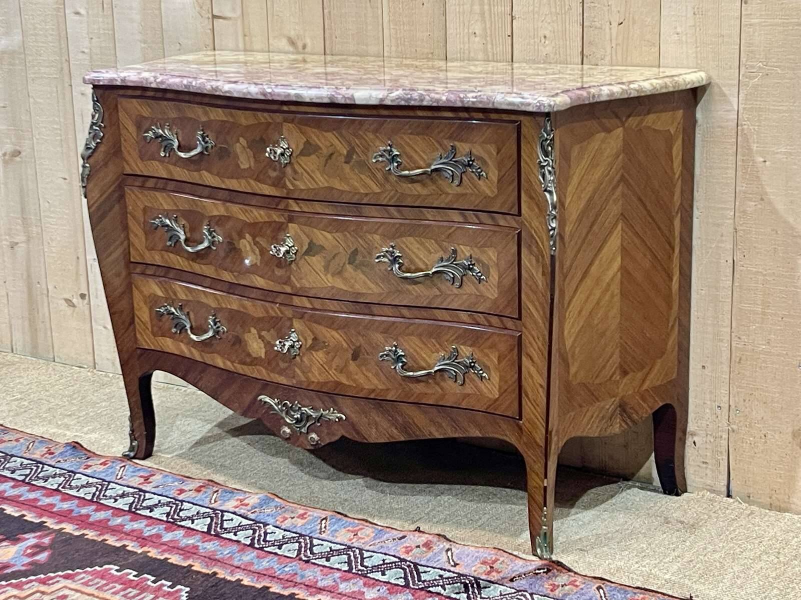 Louis XV style chest of drawers in rosewood, oak and marble top, made in the 70s