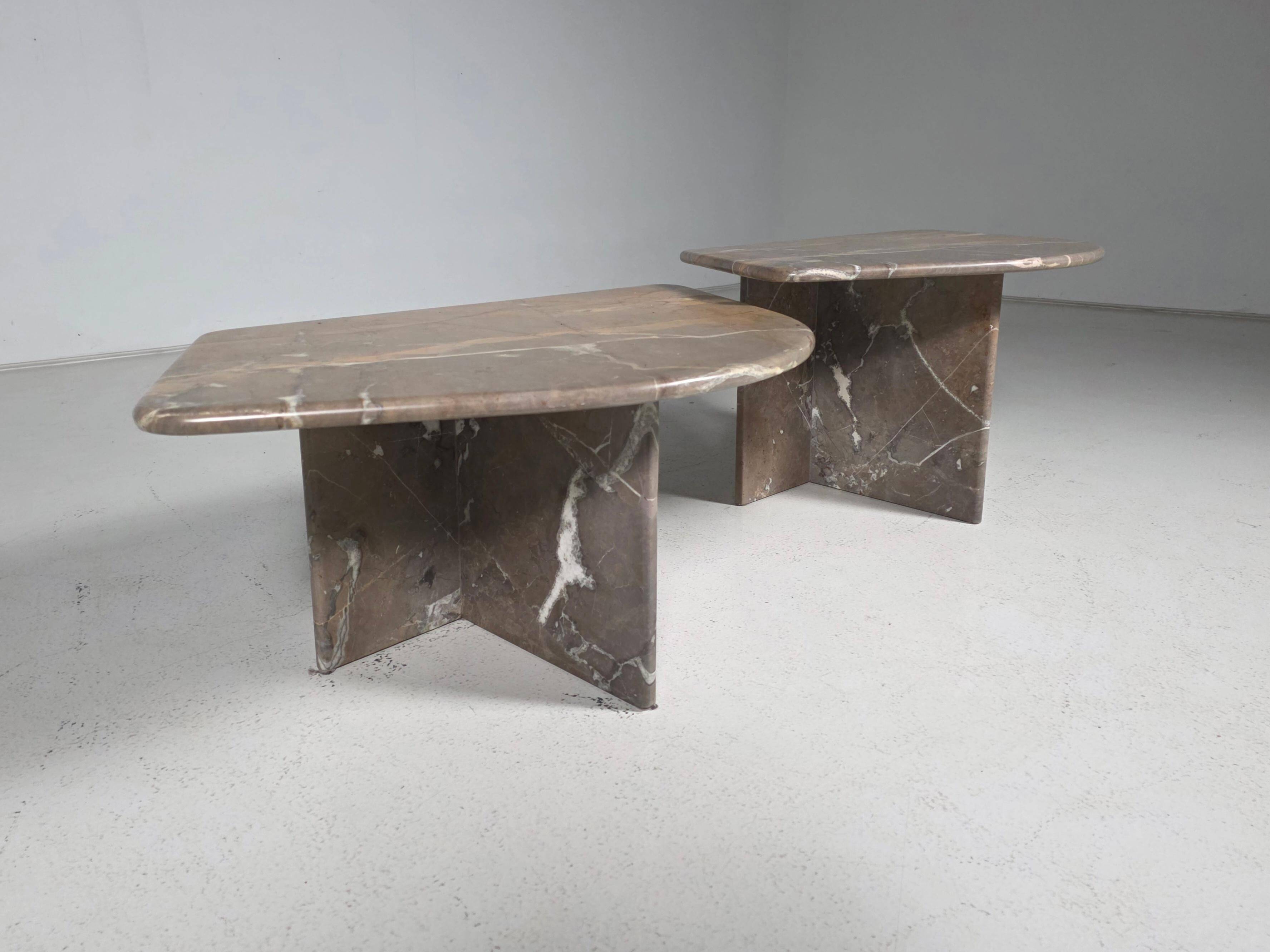 Sculptural Italian coffee tables in Breccia marble, 1970.