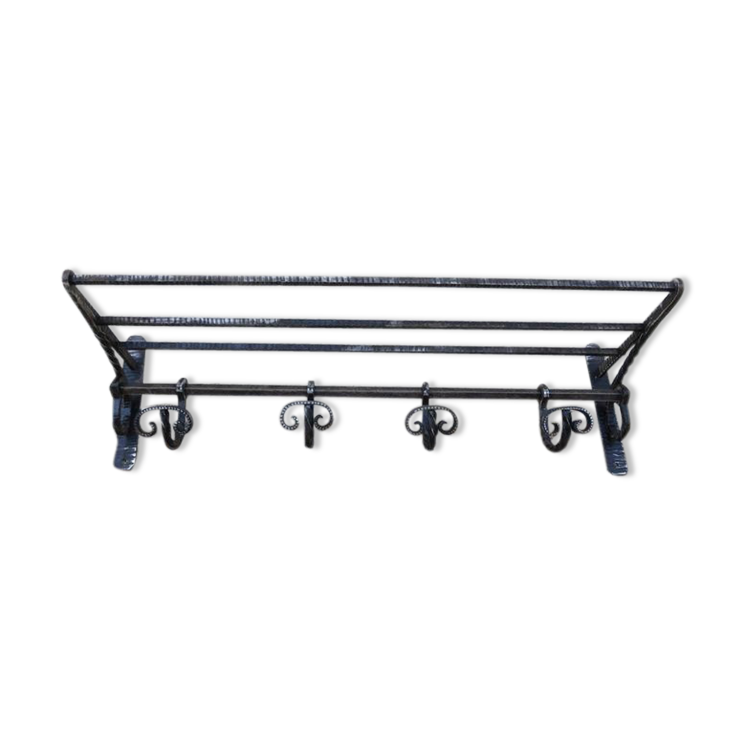 Hammered wrought iron coat rack, sliding pads, Edgard Brandt style, art deco 30s 40s