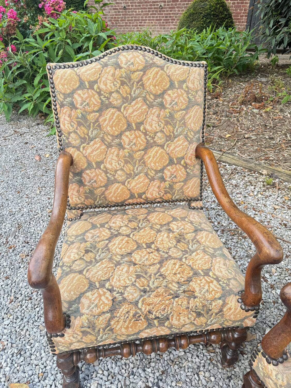 Pair of louis xiv period walnut armchairs, 17th century