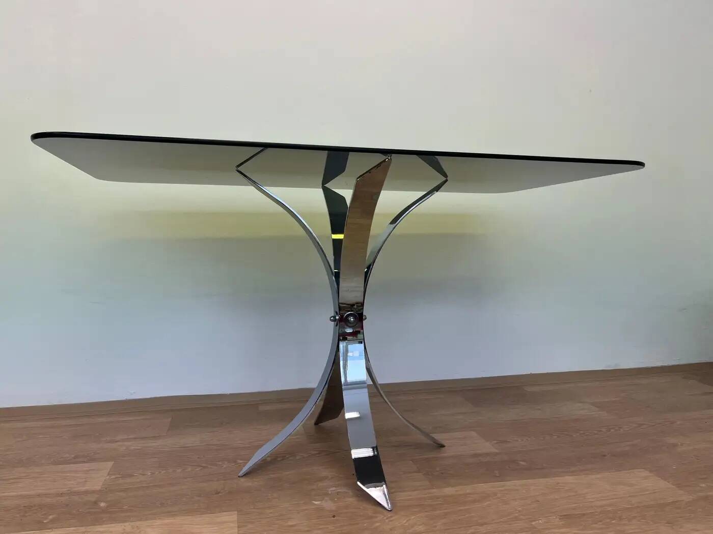 1970s Mid-century steel chrome and smoked glass dining table