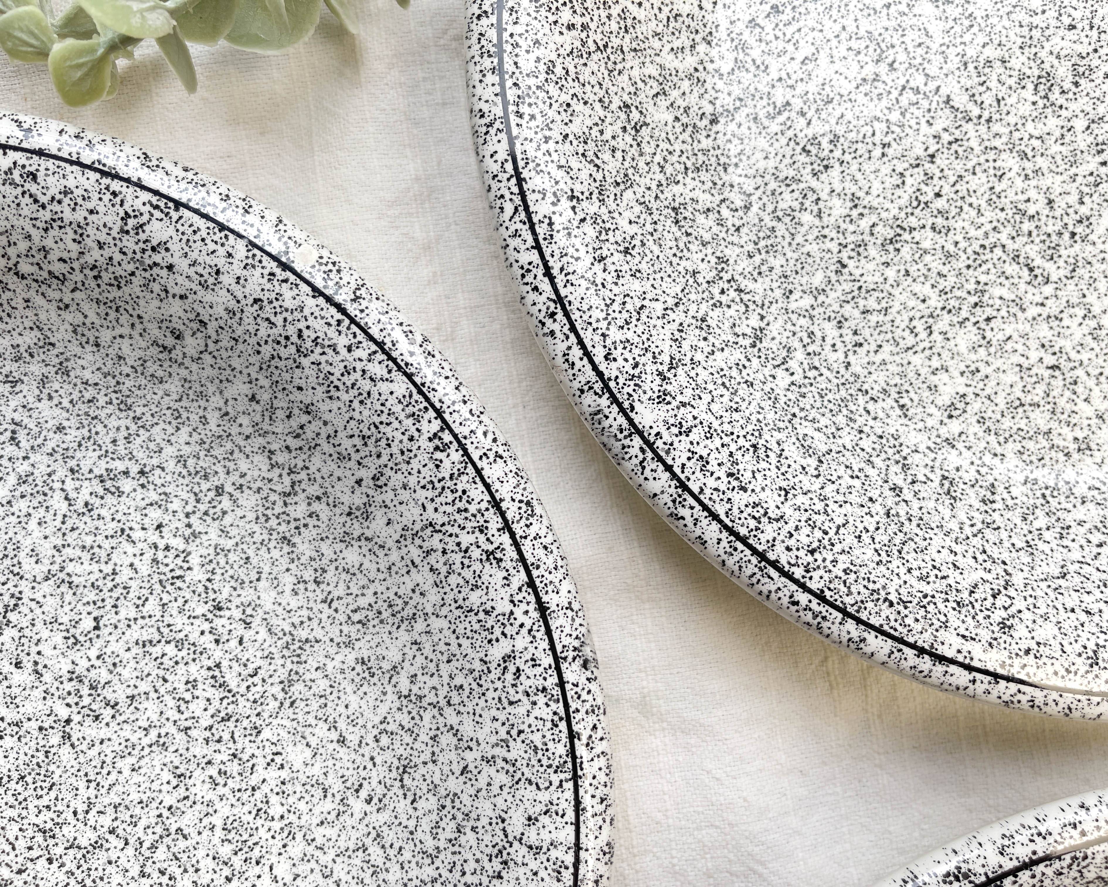 3 Black and white speckled Italian earthenware plates