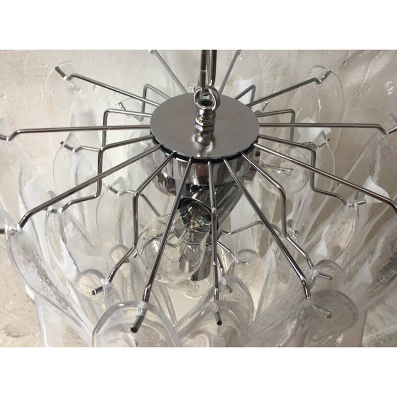 Italian White and Transparent Murano Glass Chrome Metal Frame Chandelier Sputnik