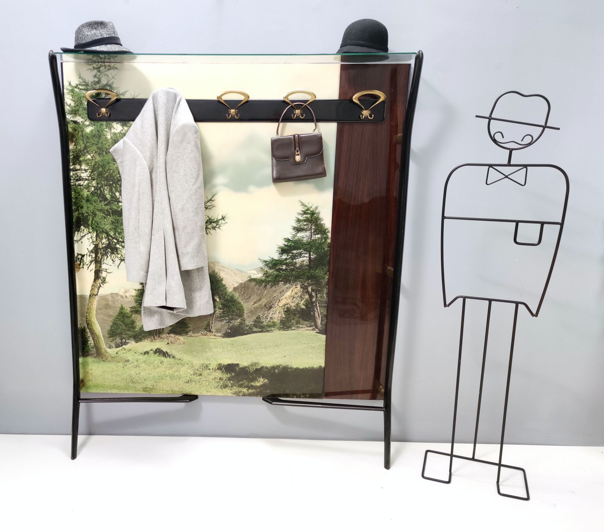 Vintage Ebonized Beech, Brass and Glass Coat Rack with a Landscape, Italy