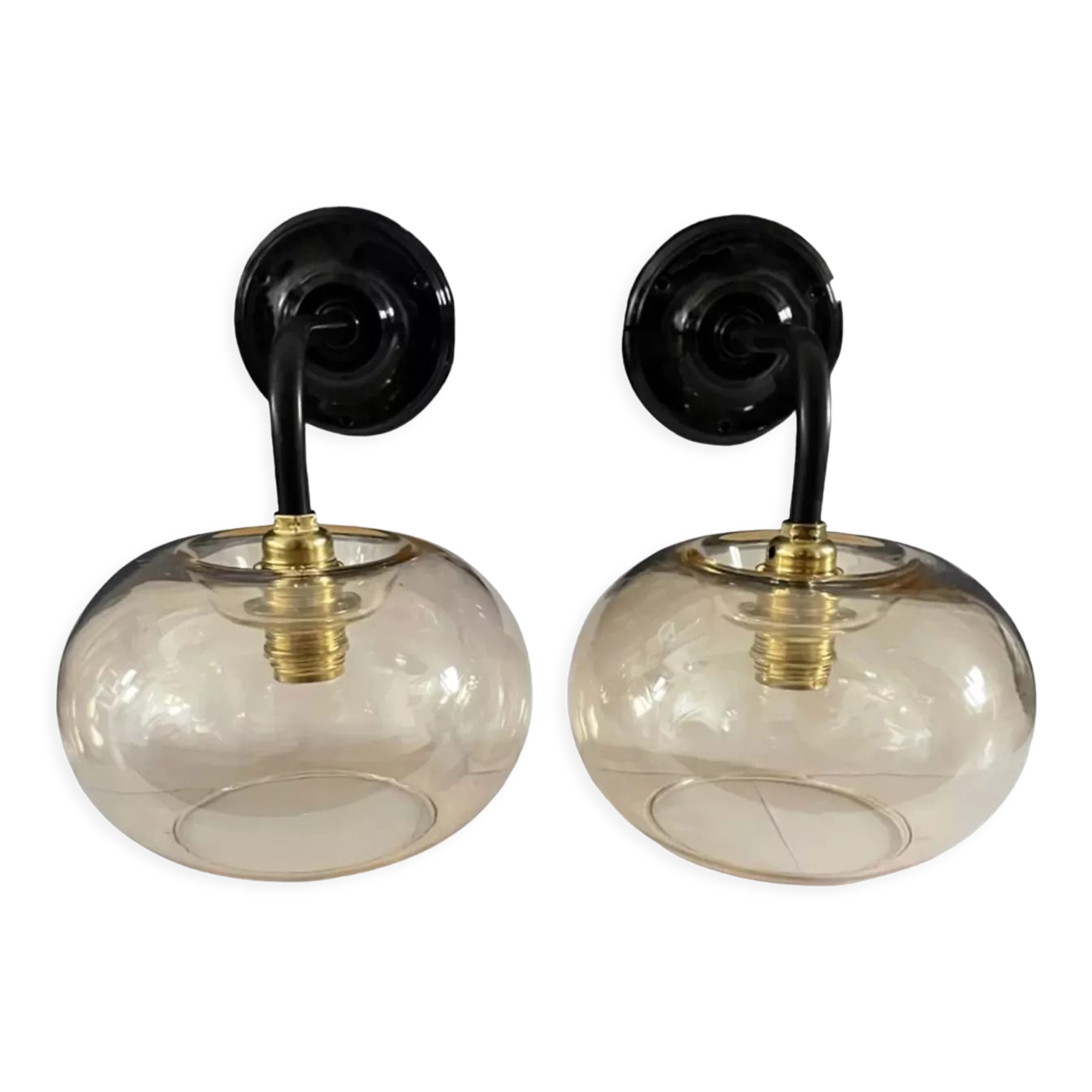 Pair of vintage electrified smoked glass wall lamps