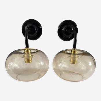 Pair of vintage electrified smoked glass wall lamps