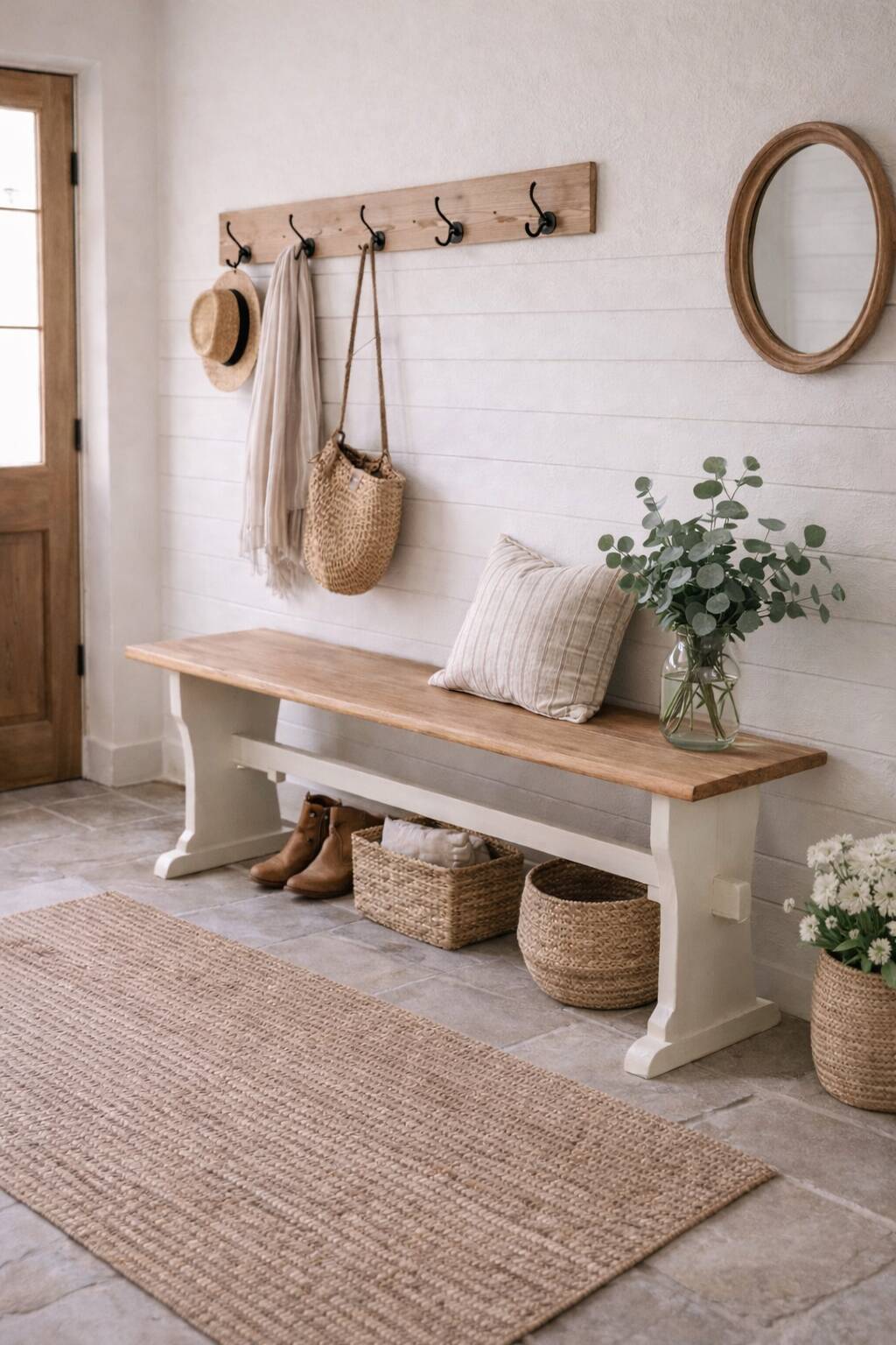 Banc réenchanté en beige, assise bois.