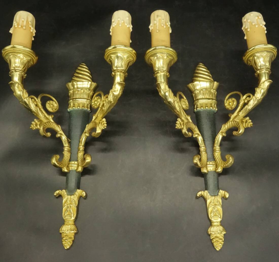 Pair of Restoration style wall lights from Hettier & Vincent - gilded bronze and green patina