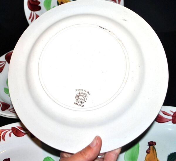 Lot 6 assiettes COQ en faïence Choisy-Le-Roi peint main