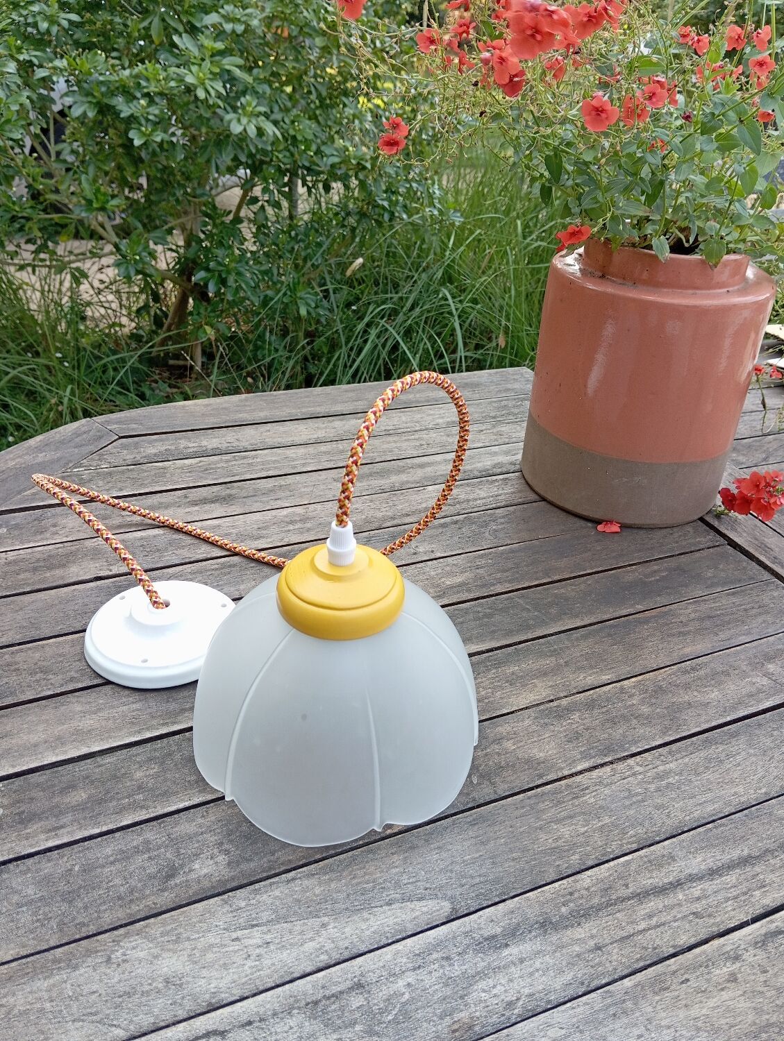 Vintage white frosted corolla glass pendant light, orange pixel cord