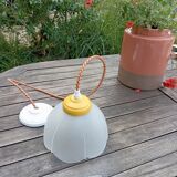 Vintage white frosted corolla glass pendant light, orange pixel cord