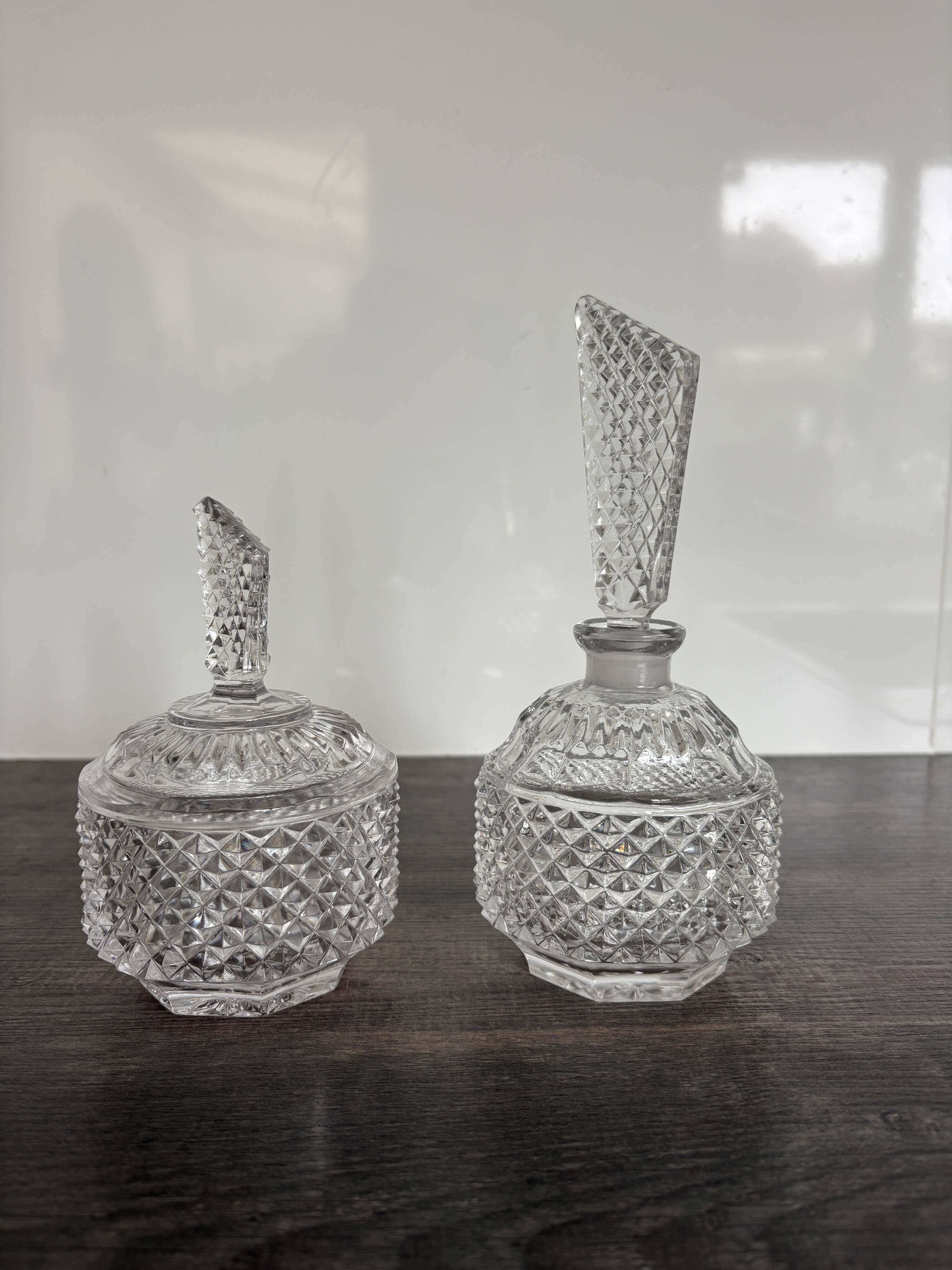 Pair of crystal-style cut glass bottles – retro/vintage dressing table
