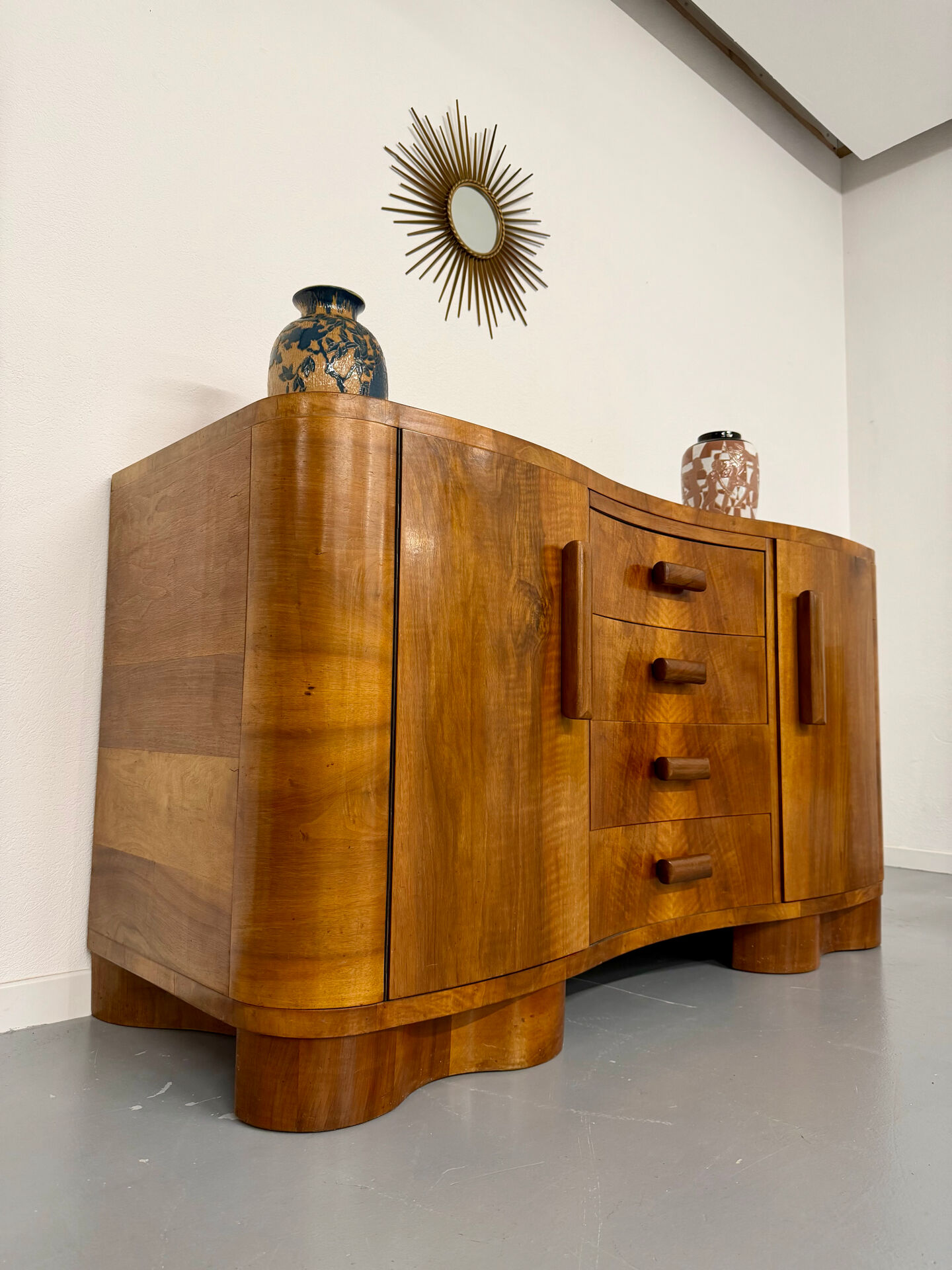 Antique walnut sideboard in Art Deco style from the 1930s.