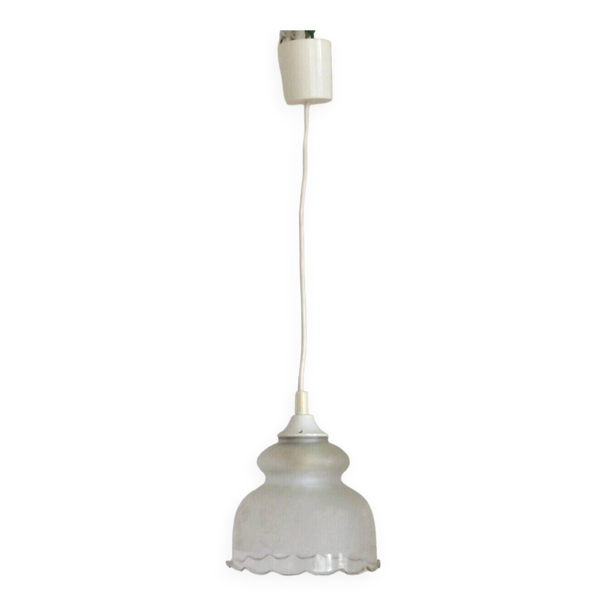 Vintage French pendant ceiling light in white glass decorated with flowers 4722