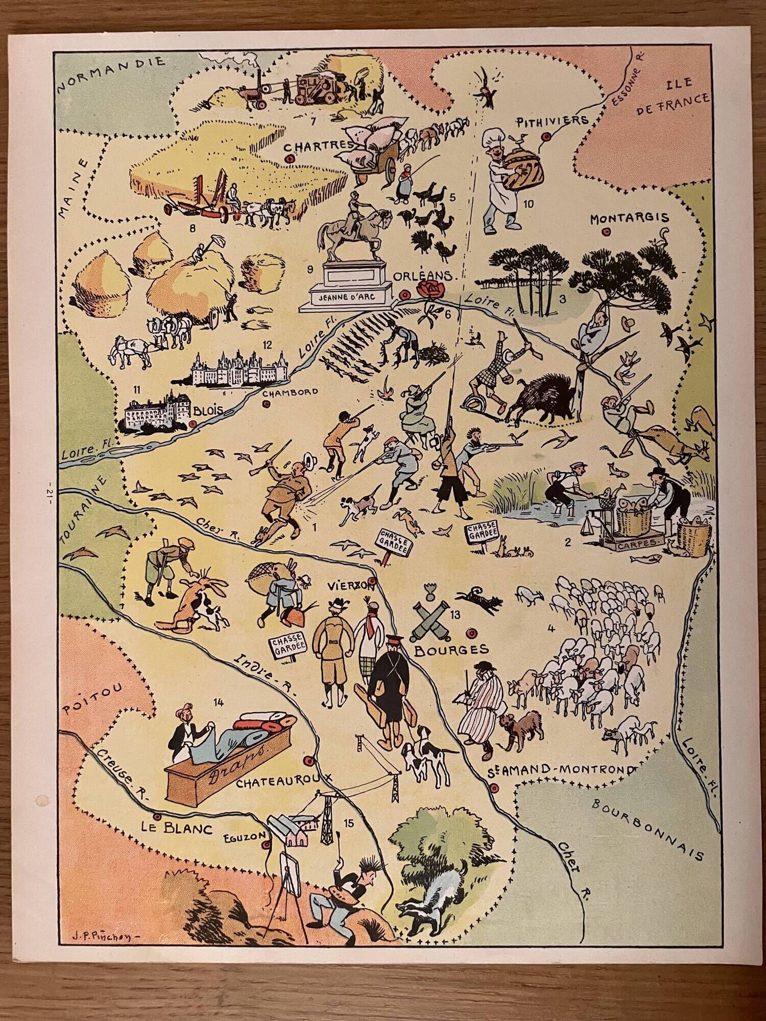 Old illustrated map of The Orleans Berry 1929 - JP Pinchon