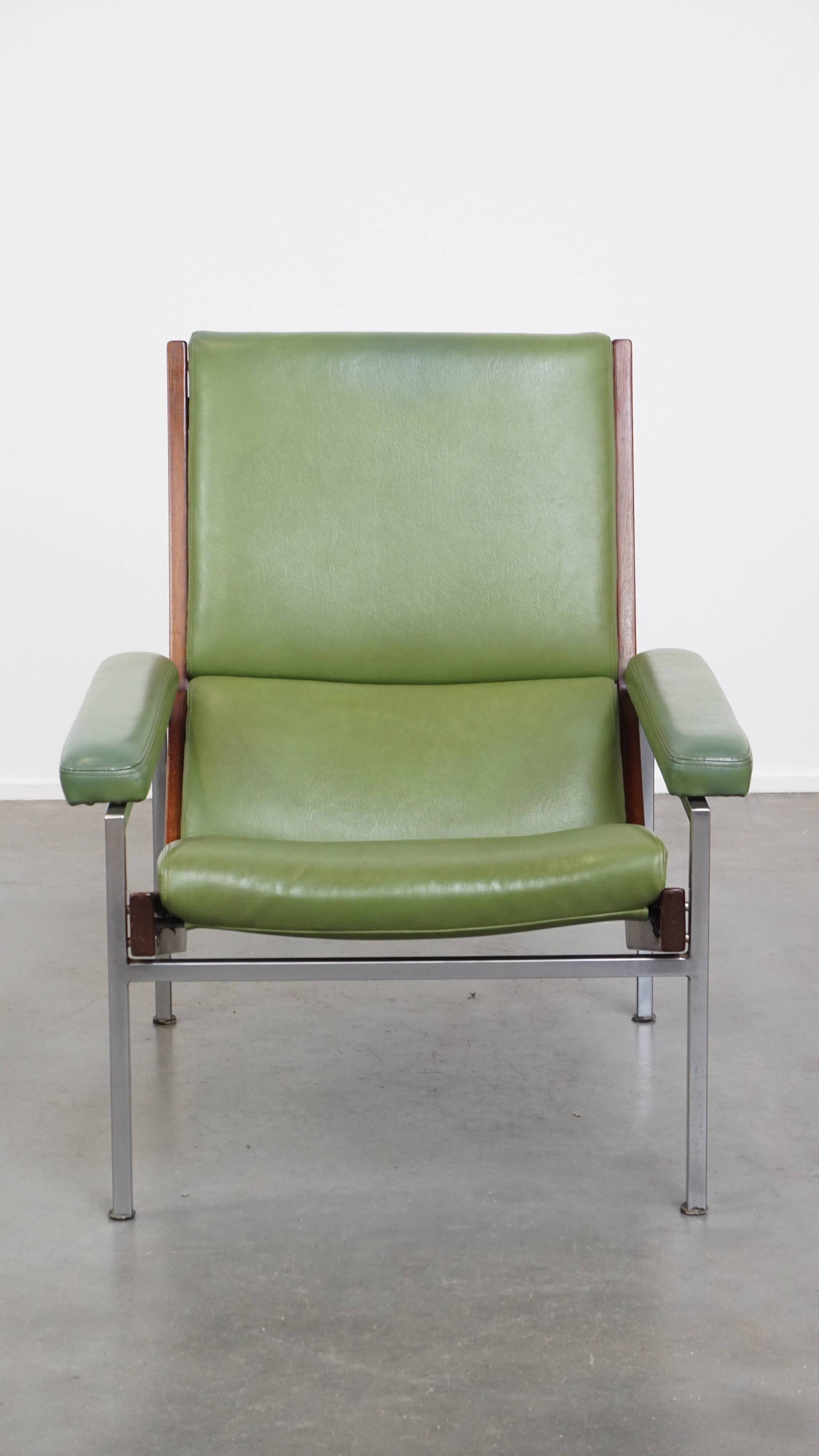 Green cowhide Leather and Wooden Vintage Armchair