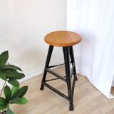 Tabouret de bar industriel vintage en bois et métal