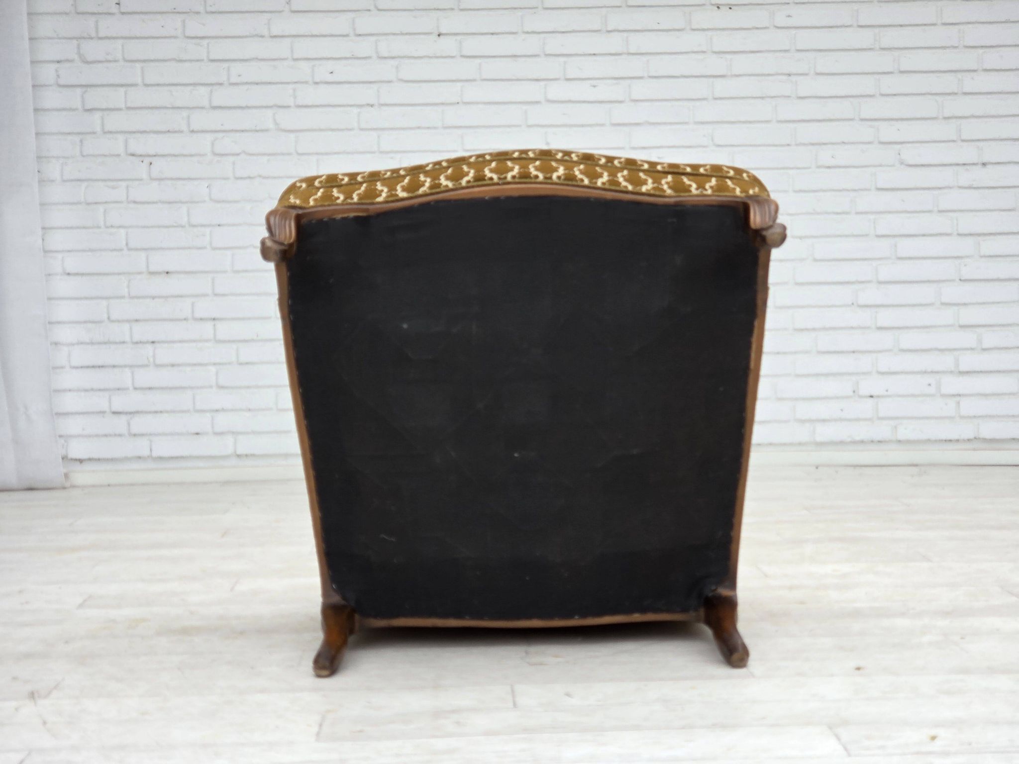 1950s, Danish relax chair, furniture velour, carved ash wood.