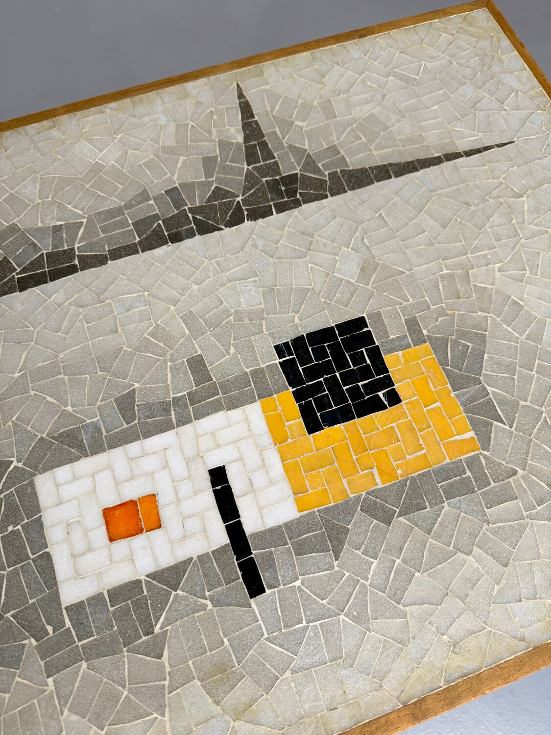 Vintage coffee table with mosaic top, 1960s modernist graphic design.