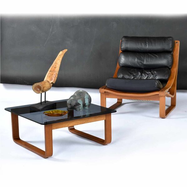 Table d'appoint, table basse carrée en teck et verre Frank Lowen pour Tessa T4, années 1970