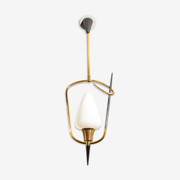 Hanging lamp year 60, brass and opaline