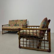 Chaise longue italienne des années 1970 en bambou, rotin, laiton et tissu style Liberty