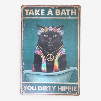 Plaque métal chat hippie