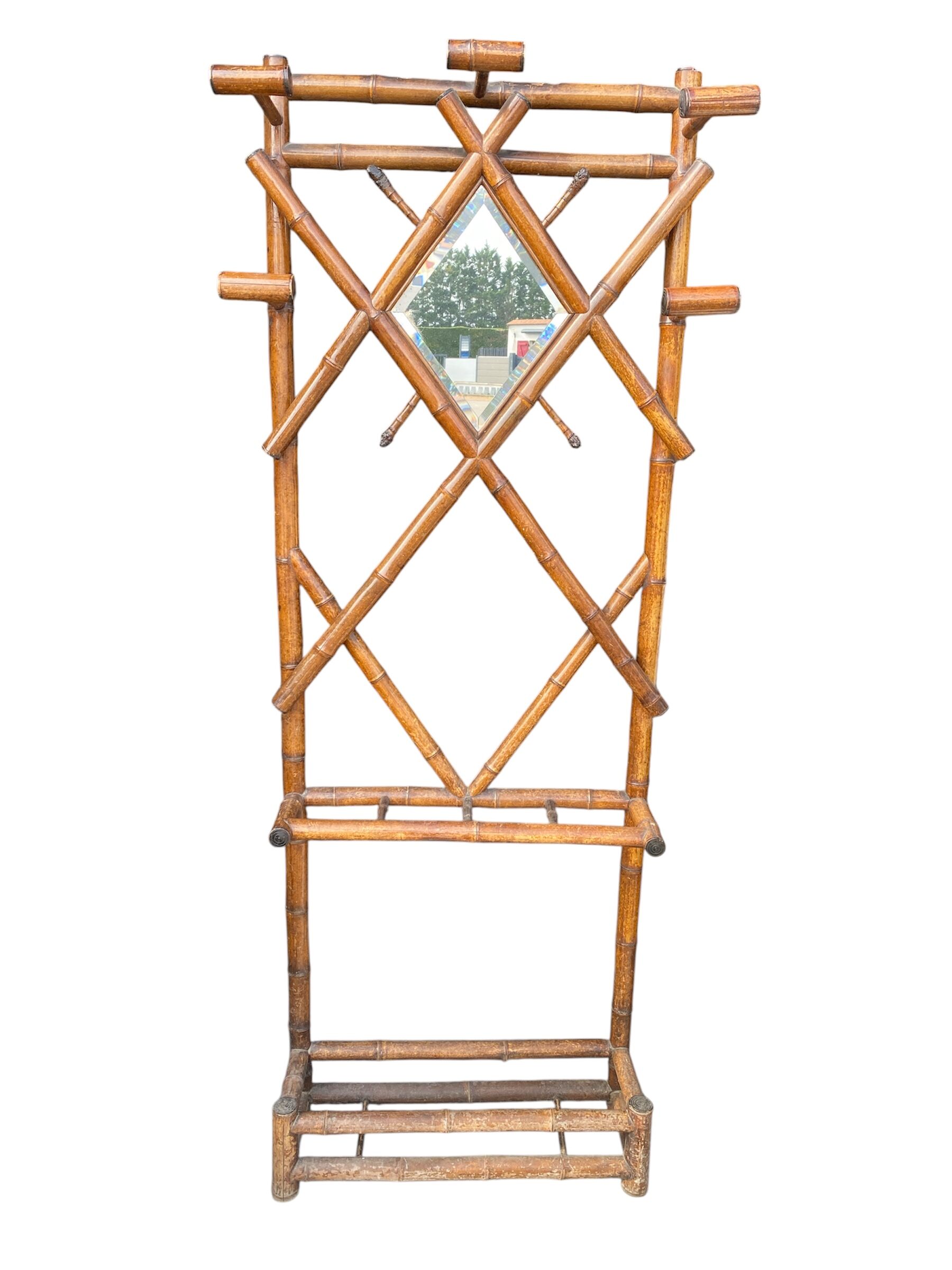 Vintage Bamboo Entrance Hall Stand - Diamond Mirror