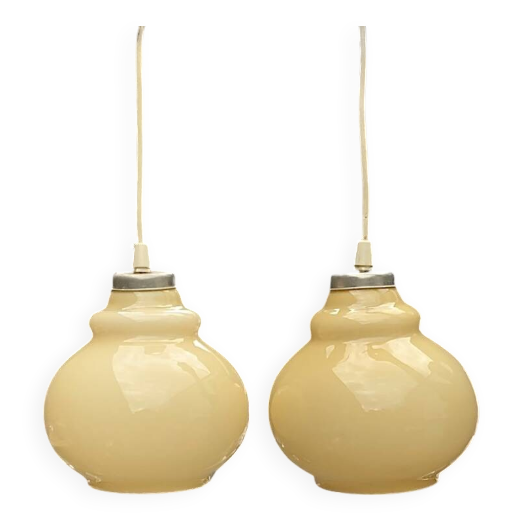 Pair of antique cream opal glass pendant lights – 1970s