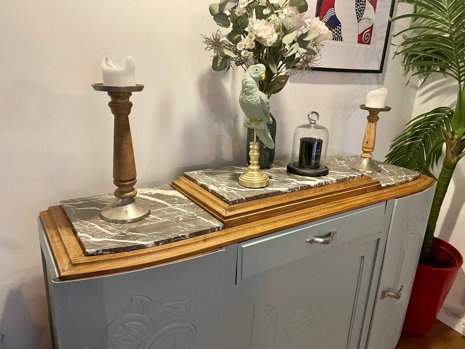 Revamped art deco sideboard in light sage green, marble top, chrome handles, vintage shabby chic